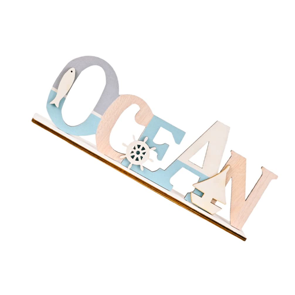 Wooden Ocean Table Sign Decorations: Nautical Shelves Stand Signs Beach Theme Word Letter Plaque Coastal Frame Ornaments for Bathroom Home