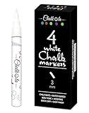 Fine Tip White Chalk Markers - Pack of 4 Chalk Pens - Use on Chalkboard, Windows, Blackboard, Signs, Glass, Bistro - Water based wet wipe erasable pen - 3mm Reversible bullet & chisel Tip