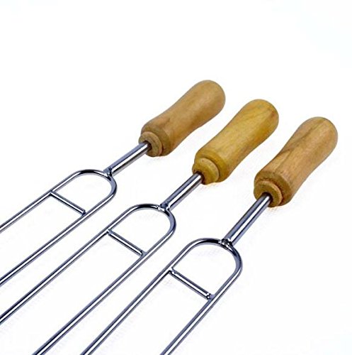LinaLife 6pcs 15.3inch Grilling Kabob Skewers Food grade stainlesss steel grade Needles Double Prongs Barbecue Roasting Sticks Shish Kebab Skewers BBQ Stick Needles With Wooden Handle