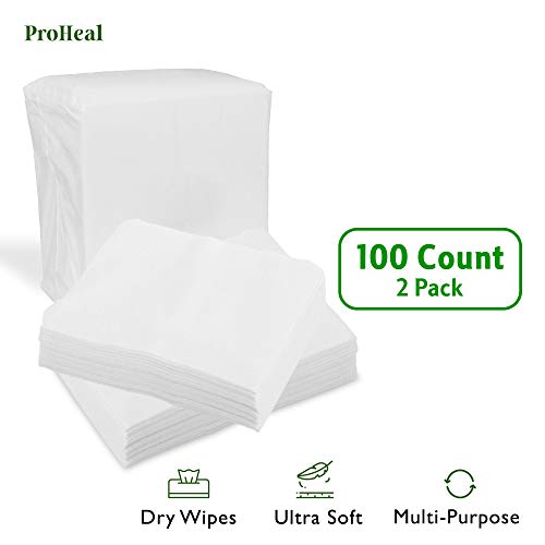 Disposable Dry Wipes, 100 Pack - Ultra Soft Non-Moistened Cleansing Cloths for Adults, Incontinence, Baby Care, Makeup Removal - 9.5" x 13.5" - Hospital Grade, Durable - by ProHeal