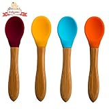 BEST Baby Feeding Spoons - 4 Color Pack - BPA Free Silicone Spoon with Natural Bamboo Handle - 5 Star Rated - Perfect Babyshower Gift