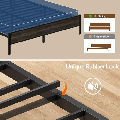 HOOBRO Full Size Bed Frame, Bed Frame with Charging Station and LED Lights, Headboard with Shelves, Heavy Duty Metal Frame, Noise-Free, Easy Assembly, No Box Springs Needed, Charcoal Black BC01UDBF01