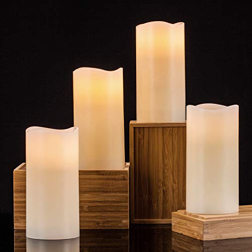 Aku Tonpa Flameless Candles Battery Operated Pillar Real Wax Flickering Electric LED Candle Gift Set with Remote Control Cycling 24 Hours Timer, Warm White Lights, 3"x6" Pack of 4