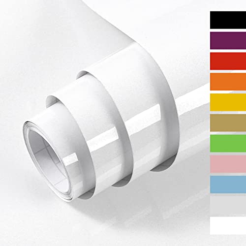 Hode Vinyl Wrap 40cmX300cm, White High Gloss Sticky Back Plastic Roll for Kitchen Bathroom Worktops, White Self Adhesive Wallpaper for Furniture Stickers Covering Contact Paper Glittery