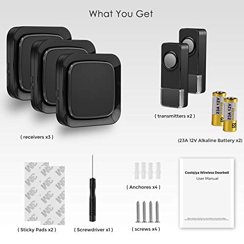 Wireless Doorbell, Coolqiya Door Bell Chimes Kit Alarm with 3 Plugin