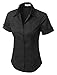 LE3NO Womens Short Sleeve Button Down Shirt with Stretch, L3NWT575A_BLACK, X-Small