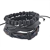 MJARTORIA Unisex PU Leather Hemp Cords Beaded Multi Strands Adjustable Wrap Bracelets Set of 3 (Black)