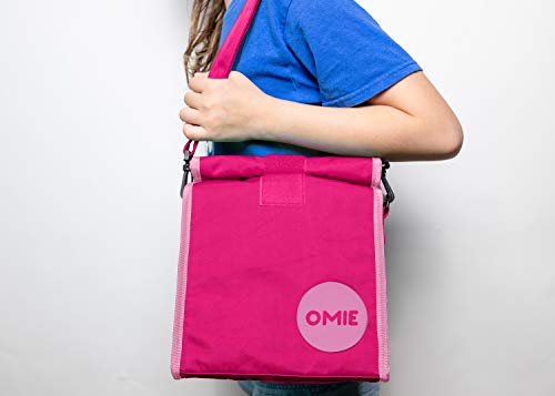 OmieBox Lunch Bag - Washable Velcro Rolltop Reusable Nylon Lunch Tote with Adjustable Strap - 14.5 x 9 Inches (Pink)