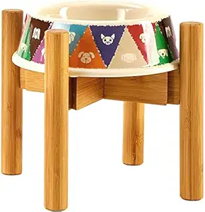 Dog Bowl Stand for Large Dogs - Adjustable Width Holds 8.5 - 12 Inch Diameter Pet Dish, Height 14 Inch - Raised Feeder and Elevated Food Holder - Natural Bamboo Wood (Stand Only)