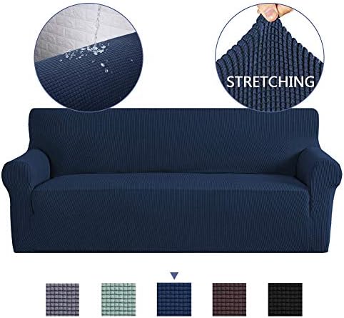 Waterproof Sofa Slipcover, High Stretch Jacquard Sofa Cover with Elastic Bottom Non-Slip Full Coverage Sofa Chair Slipcover Furniture Protector Cover, Machine Washable (Sofa 3 Seater,Navy)