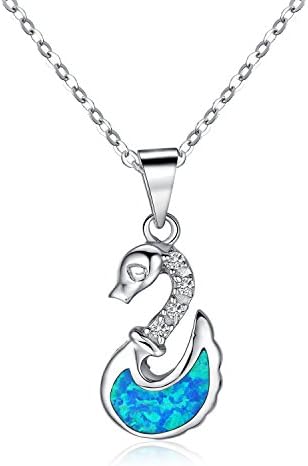 Rhodium Plated Sterling Silver Synthetic Blue Opal Little Swan Pendant with18inches Chain for Girls