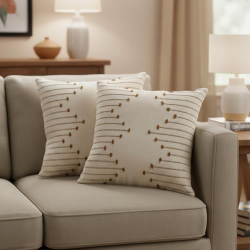 Cushion covers, Boho Throw Pillow Covers 45x45cm Set of 2, Decorative Pillows for Bed, Throw Pillows for Modern Farmhouse Couch Sofa Living Room Outdoor (Beige with Brown Line)