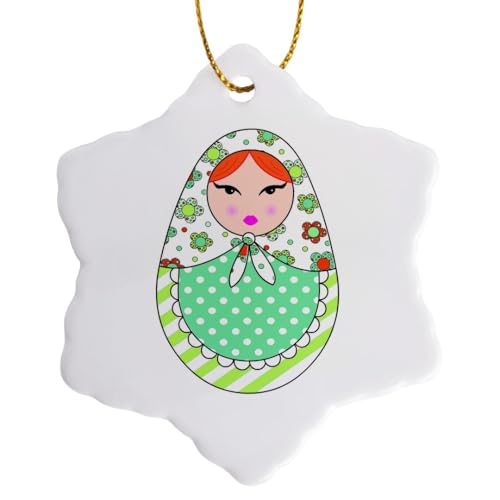 3 inch Snowflake Porcelain Ornament - Cute Russian Matryoshka Nesting Doll Orange Hair - Warm Colors White Designs Dolls