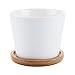 T4U 3.5 Inch Ceramic White Round Simple Design Succulent Plant Pot/Cactus Plant Pot with Free Bamboo Tray