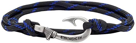 Chasing FinFish Hook Pendant Bracelet - Cool 30-Inch Military-Grade 550 Paracord Bracelet & Anklet - Adjustable Size, 100% Nylon Nautical & Fishing Accessory - J-Hook Pendant, Pewter (Thin Blue Line)
