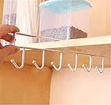 UNKE 6 Hooks Cup Holder Hang Kitchen Cabinet Under Shelf Storage Rack Organiser Hook (White)