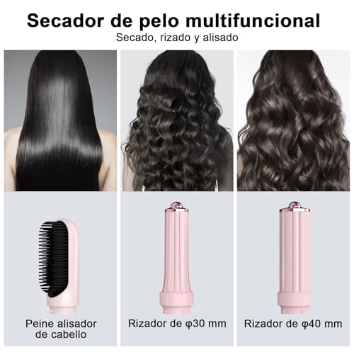 Secador de Pelo Profesional 5 en 1 - Boquillas + Cepillo + Rizador de Pelo, iónico Negativos Secador Kit 1600W Poco Ruido, Temperatura Ajustable y Velocidades para Rizar, Voluminizar y Alisar, Rosa