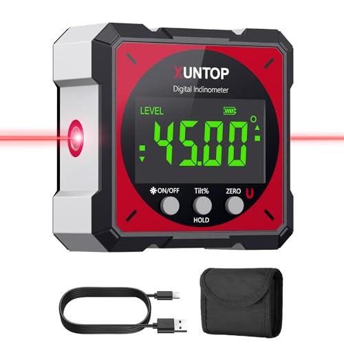 XUNTOP LCD Digital Level Box Rechargeable with Electronic Laser Angle Finder 4 x 90° with 4 Magnetic Sides with Type-C Cable for Charging Inclinometer Laser Level Waterproof with Backlight