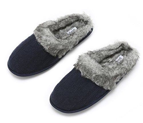 Pembrook Ladies Faux Fur + Cable Knit Slippers – Navy, Large - Comfortable Memory Foam Indoor and Outdoor Non-Skid Sole - Great Plush Slip on House Shoes for adults, women, girls