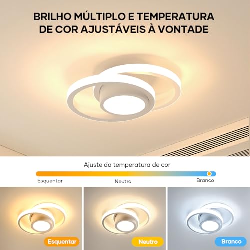 Trailabo Luminária LED de Teto, Luminária Redonda + Duas Fitas de Luz Circulares, Iluminação Ajustável em Três Cores, para Sala e Quarto, 3000-6000K (Branco) (Branco)