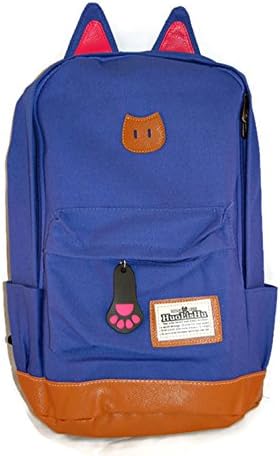 Cute Canvas Backpack with Cat Ears and Paw- Plus 1 Bonus Free Kawaii Pocket Notebook - Sky Blue