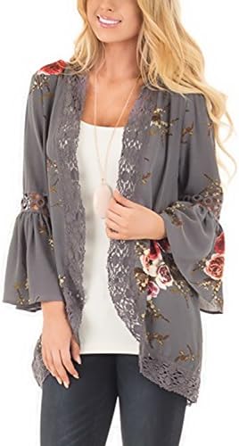 PARTY LADY Floral Printed Casual Kimono Cardigan 3/4 Sleeve Blouse Tops for Women Size L Grey