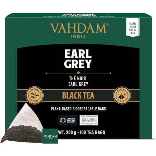 VAHDAM, Earl Grey Black Tea Bags (100 Count) High Caffeine, Non GMO, Gluten Free | Citrusy Earl Grey Tea Leaves w/pure Bergamot Oil | 100% Halal Certified | Resealable Ziplock Pouch