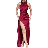 Womens Maxi Dress Sleeveless Halter Ruched Side Slit Backless Elegant Long Dress for Party Wedding Cocktail