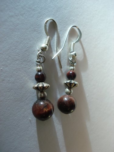 Navajo Handmade Polished Red Tiger Eye 2 Stone with Melon Bead Earrings