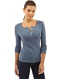 PattyBoutik Women's Henley Buttons Ribbed Top (Heather Blue M)