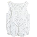 VonFon Women Lace Floral Sleeveless Crochet Knit Vest Tank Top Shirt Blouse White Medium