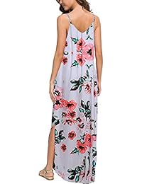 LOMON Vestido de verano para mujer, informal, holgado, cuello en V, sin mangas, para la playa, con bolsillo, largo