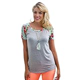 HighpotSummer Women Gray Floral Shoulder Prints Short Sleeve T-shirt Casual Top