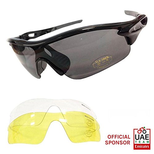[- VeloChampion Warp Sunglasses (with 3 lens: inc smoked, clear) (Black Frame with Dark Grey Nose a