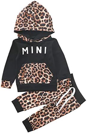 Cousannory ベビー服 2点セット 長袖 ヒョウ柄 文字プリント パーカー フード付き ロングパンツ おしゃれ 子供服 女の子 上下セット 通園 通学 旅行 普段着 お出かけ クリスマス 誕生日 プレゼント お正月 年賀状