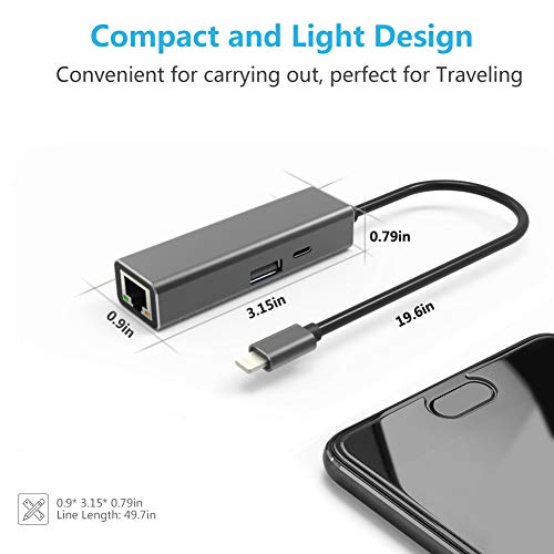 Ethernet Adapter Power Charging PD for iPad,iPhone 11,X,XS,XR,8,7,6. Ethernet,USB Camera,Power Converter. RJ45 Ethernet LAN Wired Network,OTG(Data Sync) Hub with Female Charge Port,USB Interface