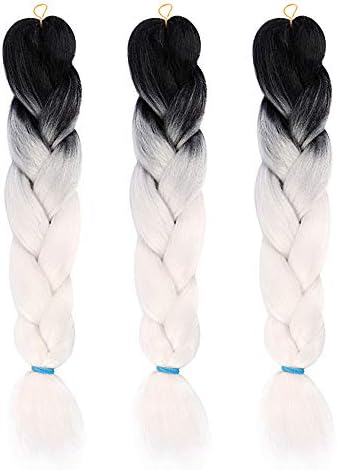 Jumbo Braids Hair Extension-3pcs Ombre Synthetic Kanekalon Fiber for Crochet Box Braiding, 24 inches 100 g/pcs (black/white)