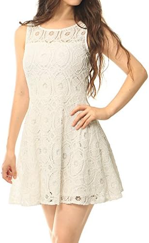 AFCastle Fetching Women Sleeveless Semi Sheer Yoke Floral Lace Flare Dress S Ivory