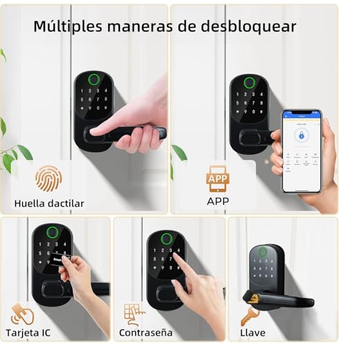 TEKXDD Cerradura Inteligente 6 en 1 -【0,5S Reconocimiento Desbloqueo】con Huella Dactilar, APP, Contraseña, Tarjeta IC, Llave, Desbloqueo remoto, Recordatorio de Batería Baja, Contraseña Anti-Espionaje