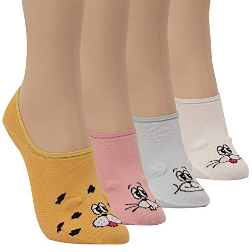 WOWFOOT Women Animal Design No-Show Casual Liner Socks Character Print Non Slip Flat Boat Line 4 Pair (4pair-cartoon 2) - Thumbnail 2