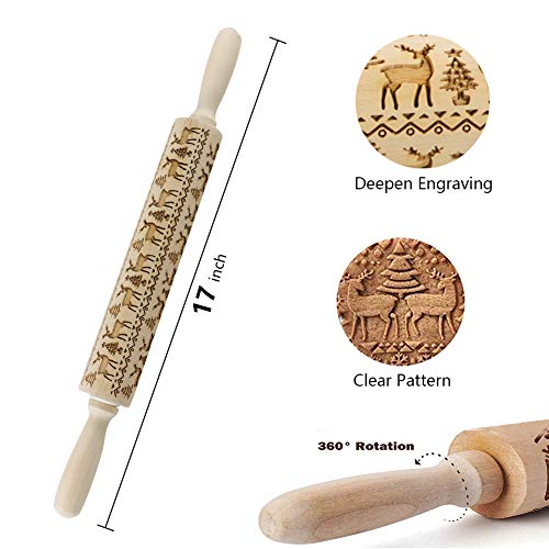 Embossed Wooden Rolling Pins,Natural Wood Rolling Pin Christmas Deer