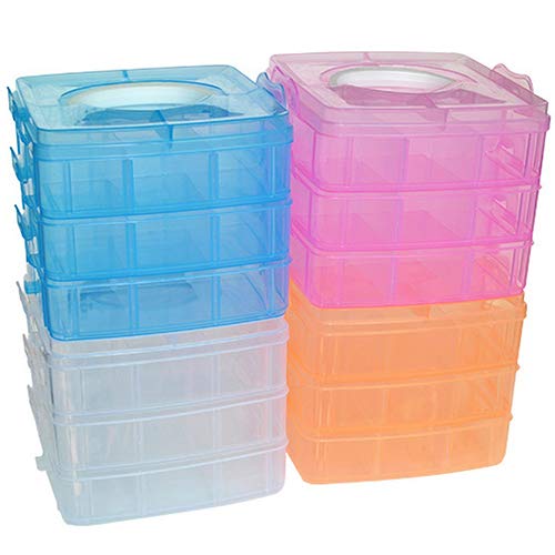 Yamalans 3 Layers Detachable Portable Clear Plastic Box,Craft Beads Jewelry Earring Sewing Accessories Storage Organizer Container Case with Handle Blue 15cm x 15cm x 12.5cm