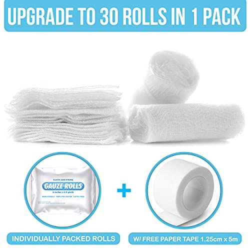 JJ CARE Premium Gauze Rolls (Pack of 30) Rolled Gauze with Free Medical Tape, 4” x 4.5 Yards