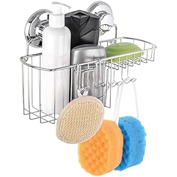 HASKO accessories Vacuum Suction Cup Shower Caddy | Shower Organizer for Shampoo with Hooks | Adhesive 3M Stick Discs | Holder for Bathroom Storage | 304 Polished Stainless Steel