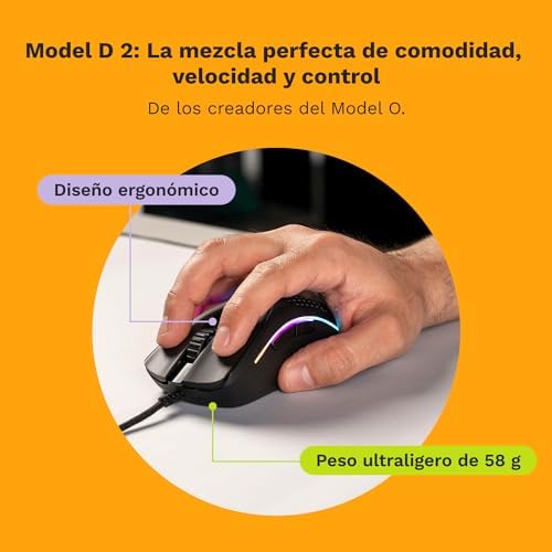 Rato Gaming Gaming Modelo D 2 com fios - ergonómico, super leve 58 g, sensor ótico 26K, 6 botões programáveis, 80 milhões de cliques, FPS, MMO, MOBA, Battle Royale - Preto Mate