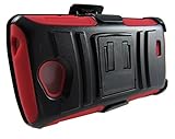 For LG Realm LS620 (Boost Mobile) Rugged Armor Hybrid Hard Case Cover+Belt Clip Holster - Black & Red + Screen Protector & Car Charger [In CellCostumes Retail Packaging]