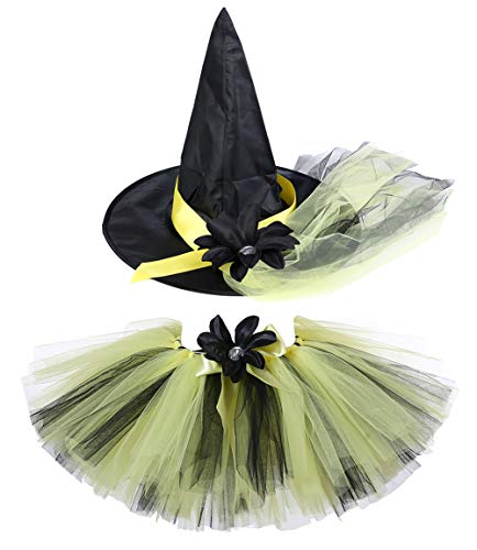 Tutu Dreams Witch Costume for Toddler Girls Wizard Green Tutu Outfit Halloween Carnival Party (Yellow-Black, Small (2-4T))