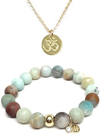 Set 10mm Green Amazonite Emma 7" Stretch Bracelet 10mm Om Charm 16" gold Necklace