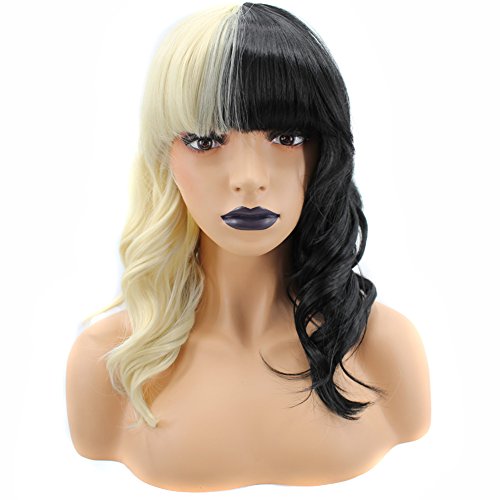 Anogol Hair Cap+Half Blonde and Black Women's Wigs Long Curly Cosplay Wig