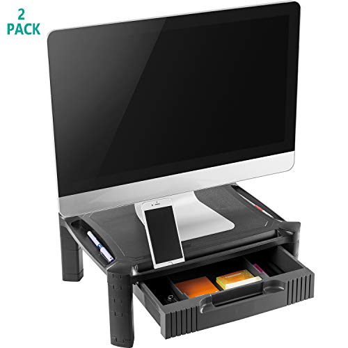 Monitor Stand Riser Desktop Stand Height Adjustable Table Top for Computer, Laptop, Printer, Notebook, Game Consoles and All Flat Screen Display with Pull Out Drawer (PTT001-2) by WALI, 2 Pack, Black